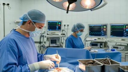 surgeon in blue scrubs mask and gloves performs procedure with instruments in sterile operating room under bright lights Another medical professional attends nearby with vital sign monitors and equipm - Powered by Adobe