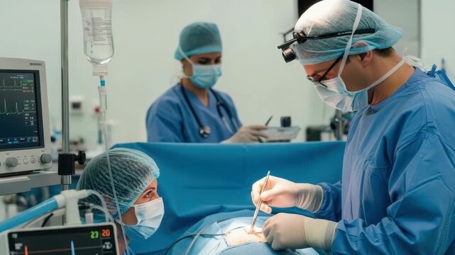 surgical team meticulously performs an operation A surgeon with loupes uses forceps on patient flanked by an assistant monitoring vital signs and another preparing instruments