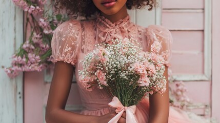 A person of color, in pink lace dress, with a bouquet of pink flowers, and a pink door