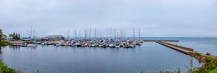Washburn Marina and pier in Washburn, Wisconsin on a September day