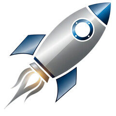 Cartoon rocket ship launching into a clear blue sky with a vibrant background of clouds