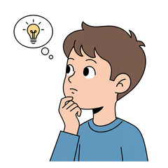 illustration of a boy's facial expression in deep thought with his hand on his chin.isolated on a white background.