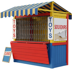 Colorful toy and souvenir stand with closed sign, set against a vibrant fairground background