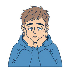 Illustration of a bored young man's face, resting his head on his hands. Isolated on a white background.