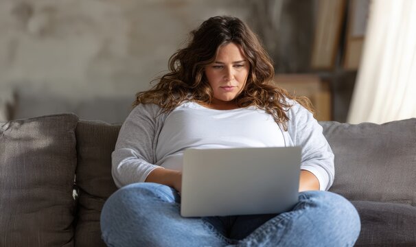 Obese woman using laptop at home lounging on sofa with feet up