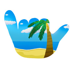 ビーチな風景のアロハサイン