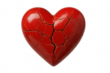 Red broken heart representing heartbreak, sadness, stress, and emotional pain from a lost love, on transparent background
