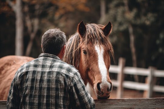 Person facing away from camera stroking a horse