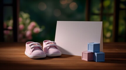 National Sons and Daughters Day blank soft white card on coffee table between two pairs of tiny children’s shoes