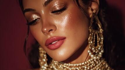 Close-up of a woman with glamorous makeup, radiant skin, and layered gold beaded jewelry; against a red backdrop