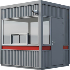 Modern security kiosk with surveillance camera, located in an urban setting, promoting safety