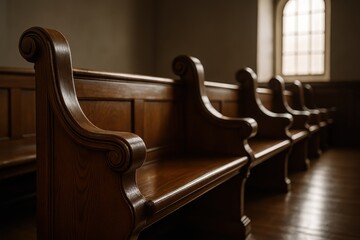 Row of classic wooden church pews captured in warm light evoking reverence history and quiet contemplation within sacred architecture