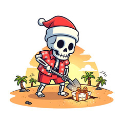 A skeletal figure dressed in festive holiday attire, complete with a Hawaiian shirt and Santa hat, digs for a surprise present on a sun-drenched sandy shore with palm trees.