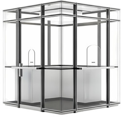 Modern glass booth with sleek design, showcasing transparency and minimalism in an urban setting