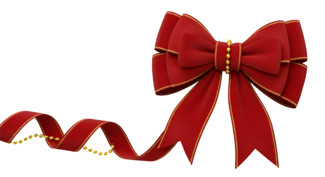  red ribbon bow with golden edges and hanging beads isolated on transparent background.