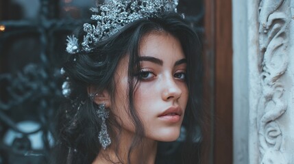 Portrait of a young woman with dark hair, wearing a silver tiara and earrings, near ornate architecture