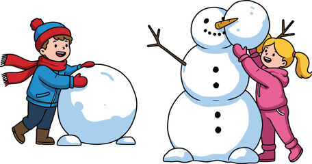 Children building snowman, winter activity illustration, kids playing in snow, teamwork, creativity, holiday fun, outdoor play, seasonal joy, cartoon art