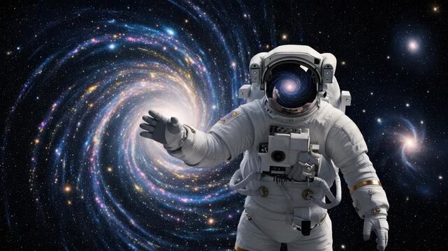 white-suited astronaut extends an arm towards vibrant spiral galaxy its colorful stars swirling behind The galaxy is reflected in the helmets visor merging exploration with deep spaces wonder