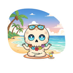 A pixel-art skeleton wearing sunglasses and a lei finds inner peace meditating on a sandy beach, with palm trees and a calm ocean under a sunset sky.