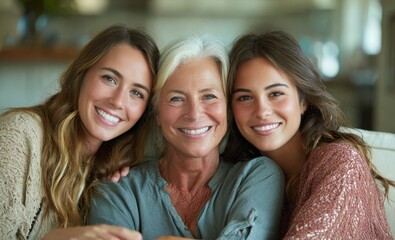 Obraz premium Smiling woman with her mother and daughter at home
