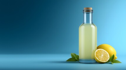 Bottle of fresh lemon juice on sky blue background with copy space