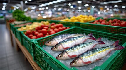 Fresh Fish Displayed on Ice in Green Crates at Grocery Store Produce Aisle