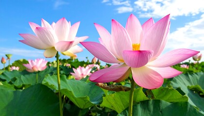 Obraz premium Pink lotus blossoms in a field under a clear sky