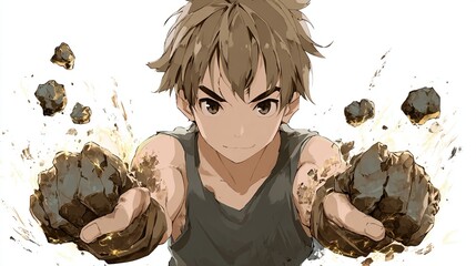 A determined young person, brown hair tousled, holds up earthen clumps, golden sparkles burst outwards, background white