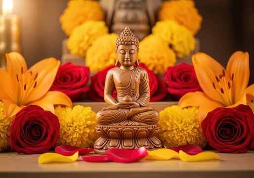 Serene Buddha statue meditating amidst a vibrant display of traditional devotional flowers, embodying peace and spiritual tranquility