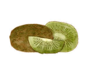 Beautifully arranged Fresh Kiwi Slices along with Whole Fruit against a White Background