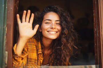 Fototapeta premium Teen girl smiles and waves beside a window