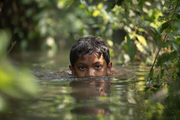 Fototapeta premium Ten year old boy swims in river