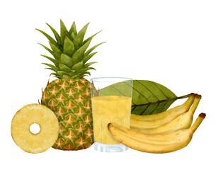 Pineapple, Bananas and Glass of Juice, Watercolor Isolated Illustration
