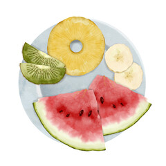 Fruit plate top view: slices of watermelon, kiwi, banana and pineapple. Watercolor isolated illustration.