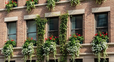 Ornate Brick Building with Planted Window Boxes.