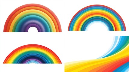 Four colorful rainbow graphic illustrations on white, with layered arches and curved bands, representing weather