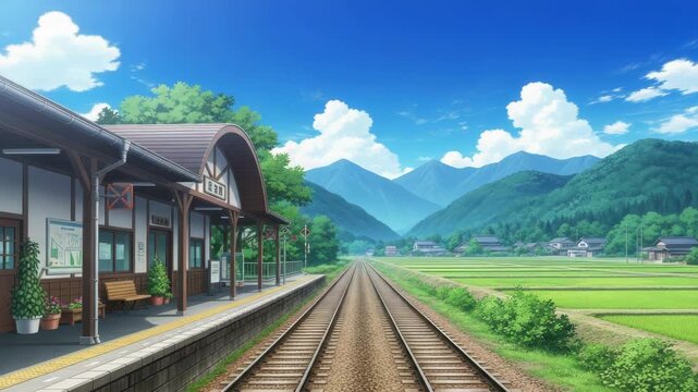 charming rural train station platform with wooden bench sits beside tracks leading to distant mountains Vibrant green rice paddies and quaint village dot the landscape under brilliant blue cloudy sky