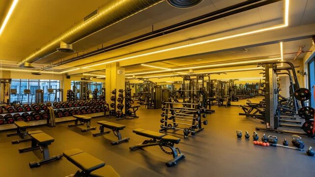 large modern gym featuring extensive strength training equipment including dumbbell racks barbells adjustable benches weight machines and kettlebells on dark rubber floor illuminated by warm linear li