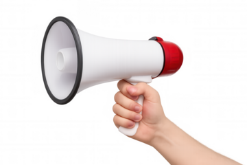 Hand holding megaphone making announcement, broadcasting news, speaking out loud, communicating message