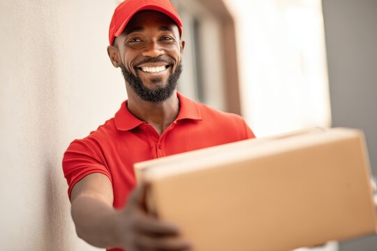 Tight shot of grinning delivery person with a box