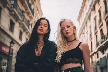 Two attractive women stand together in a large urban area