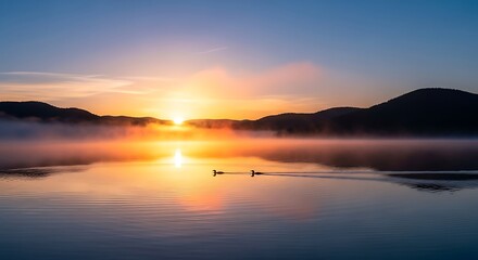 Obraz premium Sunrise Over Calm Lake with Birds.