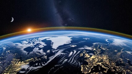 Earth from space featuring crescent moon and rising sun illuminating the horizon Night-side continents glitter with city lights juxtaposed with icy caps and starry deep space - Powered by Adobe
