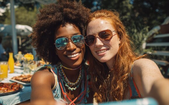 Two不同 background的女性好友在泳池烧烤聚会上自拍 穿着休闲夏装和太阳镜 享受快乐时光