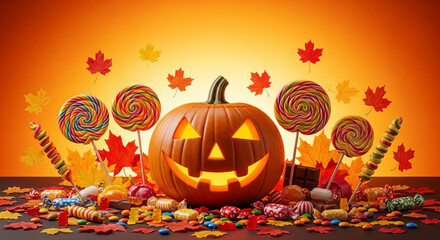 Halloween Poster with Candy and Jack-o’-Lantern