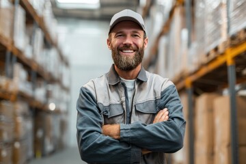 Uniformed warehouse employee folds arms and grins