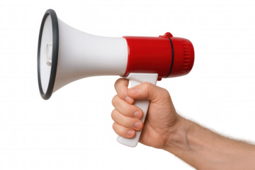 Hand holding red and white megaphone, amplifying voice, communicating message, making announcement, advocating opinion