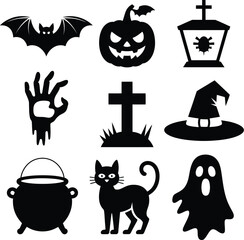 Obraz premium Halloween icons bat pumpkin tombstone witch hat ghost cat cauldron