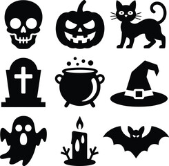 Halloween icons skull pumpkin cat tombstone cauldron witch hat ghost candle bat