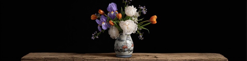 Obraz premium Elegant floral arrangement in vase against black background tabletop still life